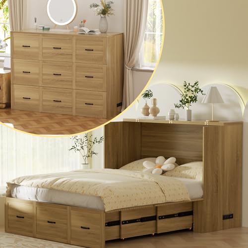 Full Size Murphy Bed Wood Wall Bed Cabinet with Large Drawer Space-Saving Hidden Foldable Platform Bed Chest Mobile Cabinet Bed Frame Storage Cabinet