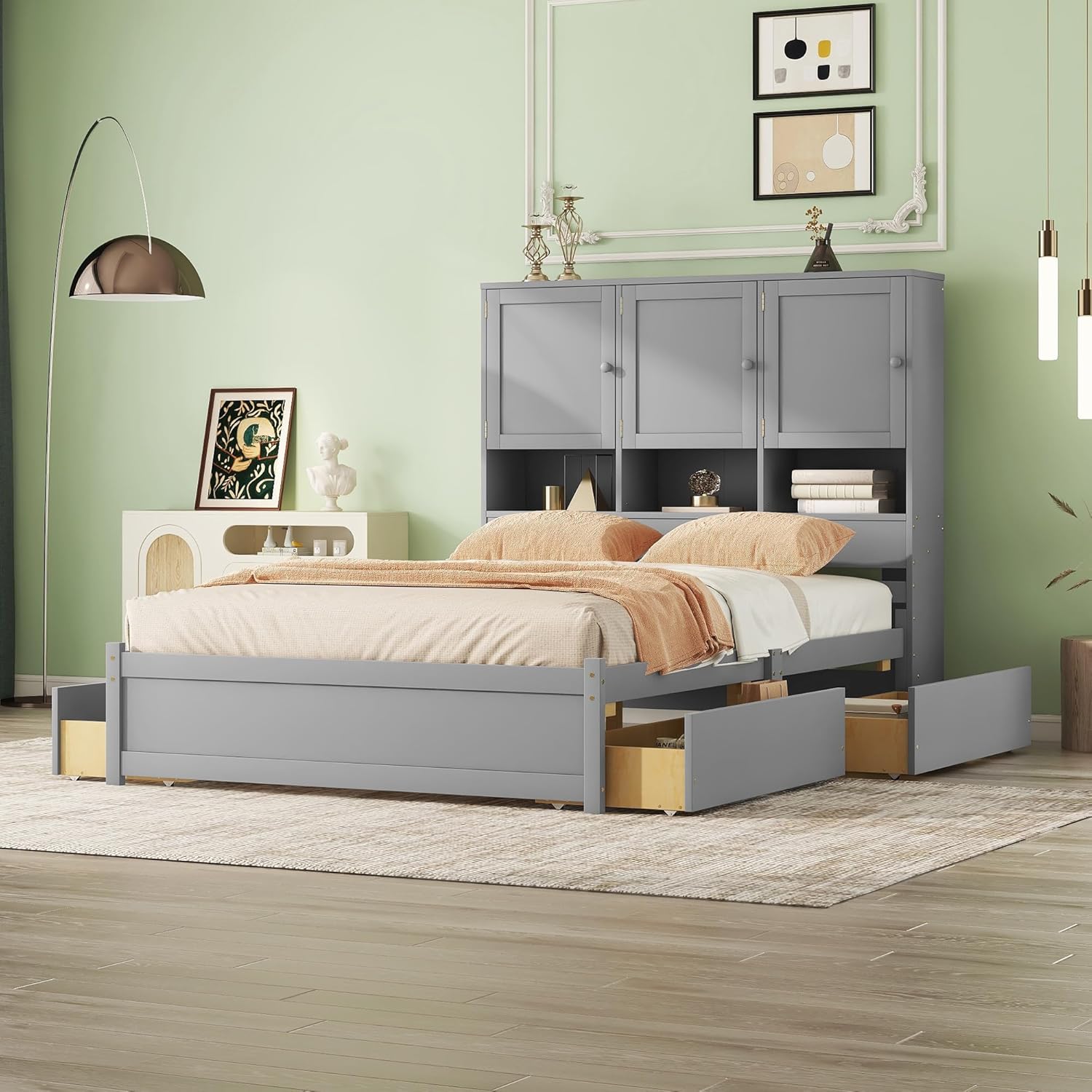Queen Size Bed Frame, Wooden Platform Bedframe with Storage Headboard, 4 Drawers and Cabinets, No Box Spring Needed, Gray