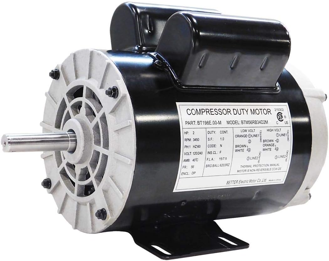 198E,New 2 HP SPL Compressor Duty Electric Motor, 3450 RPM, 56 Frame, 5/8" Shaft Diameter,120/240 Volt