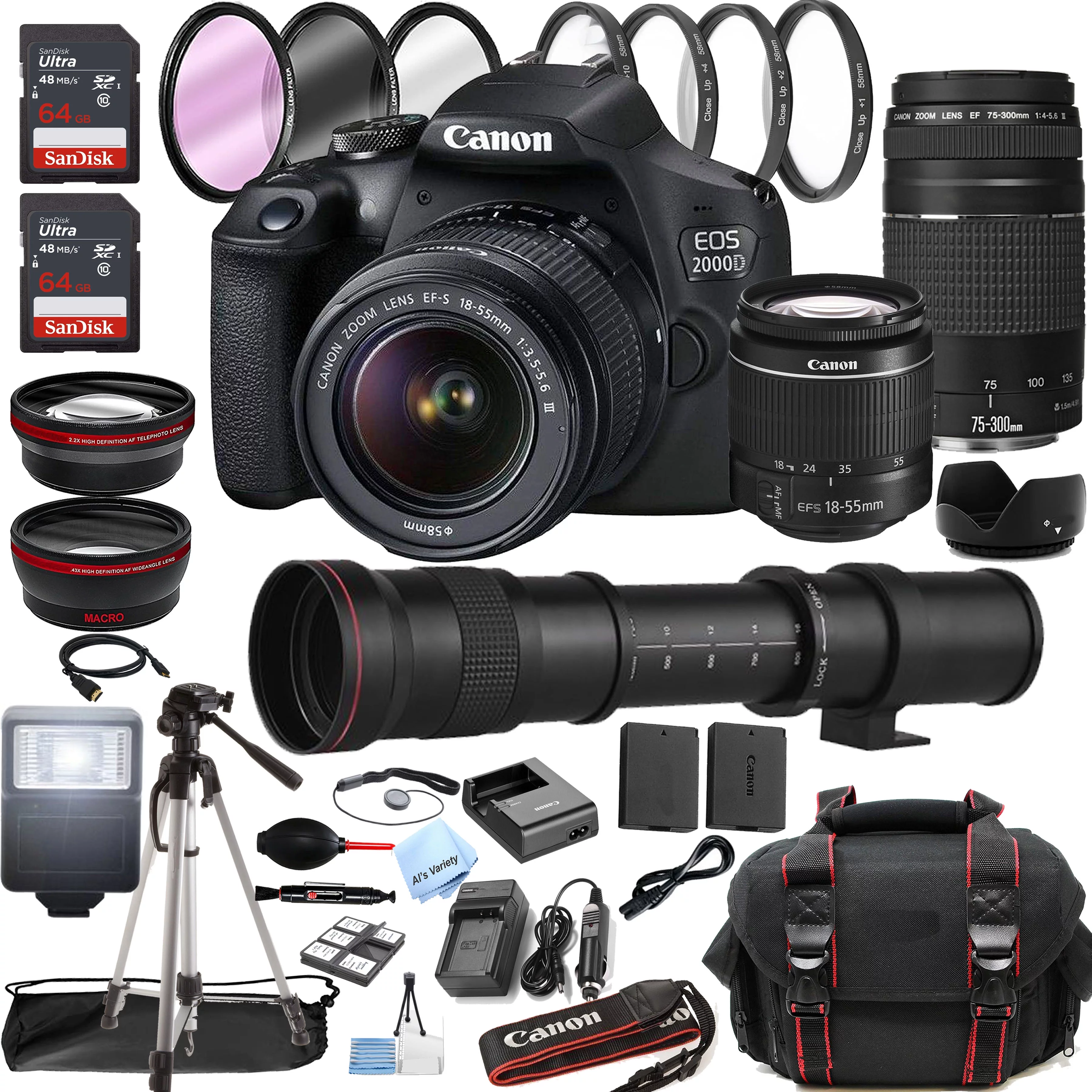 Canon EOS 2000D / Rebel T7 DSLR Camera w/18-55mm + 75-300mm Zoom Lenses + 420-800mm Super Telephoto Lens + 128GB Memory + Case + Tripod + Filters