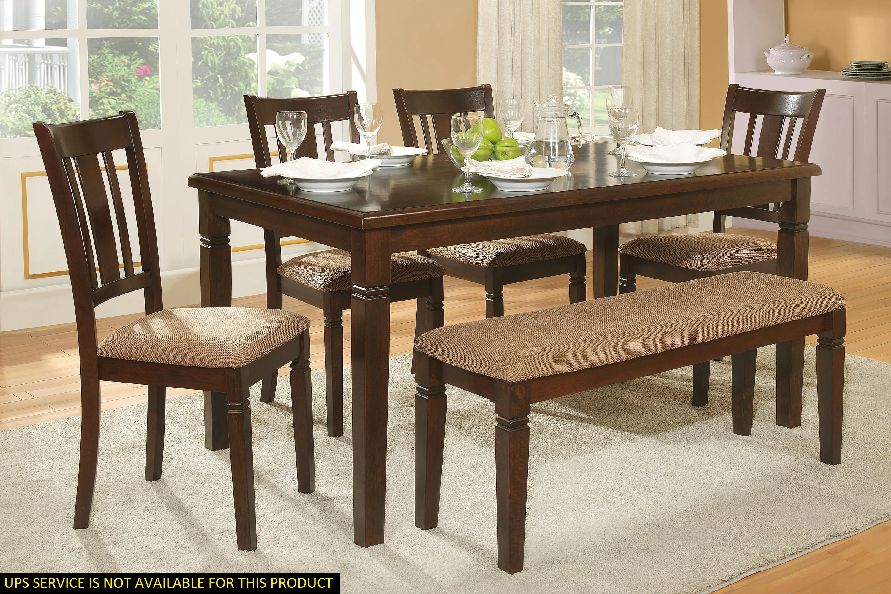 CoSoTower 6pc Transitional Style Dining Furniture Set Table with Bench and 4X Side Chairs Fabric Upholstered Seat Espresso Finish Wood
