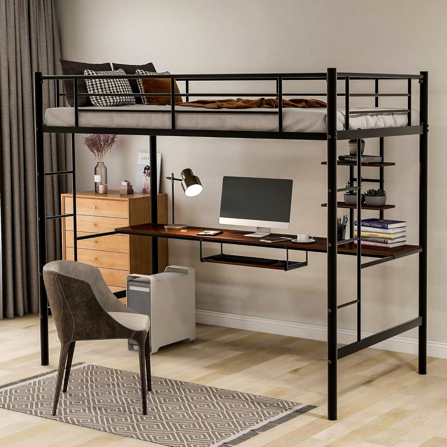 MERITLINE Metal High Loft Bed, Twin Study Loft Bed with Desk and Storage Shelf, Safety Rail and Ladder