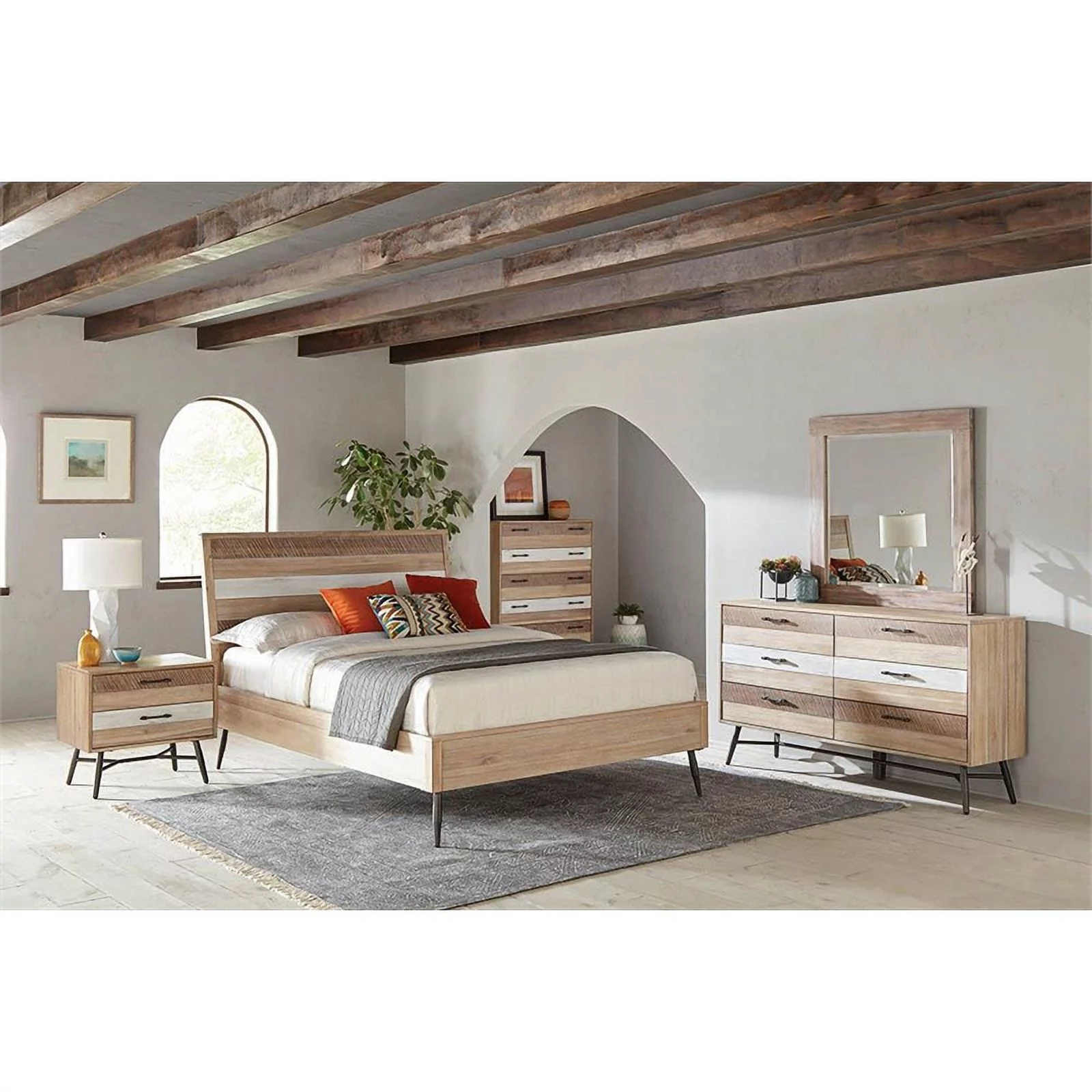 Maklaine 4-piece Farmhouse Wood Eastern King Bedroom Set in Brown