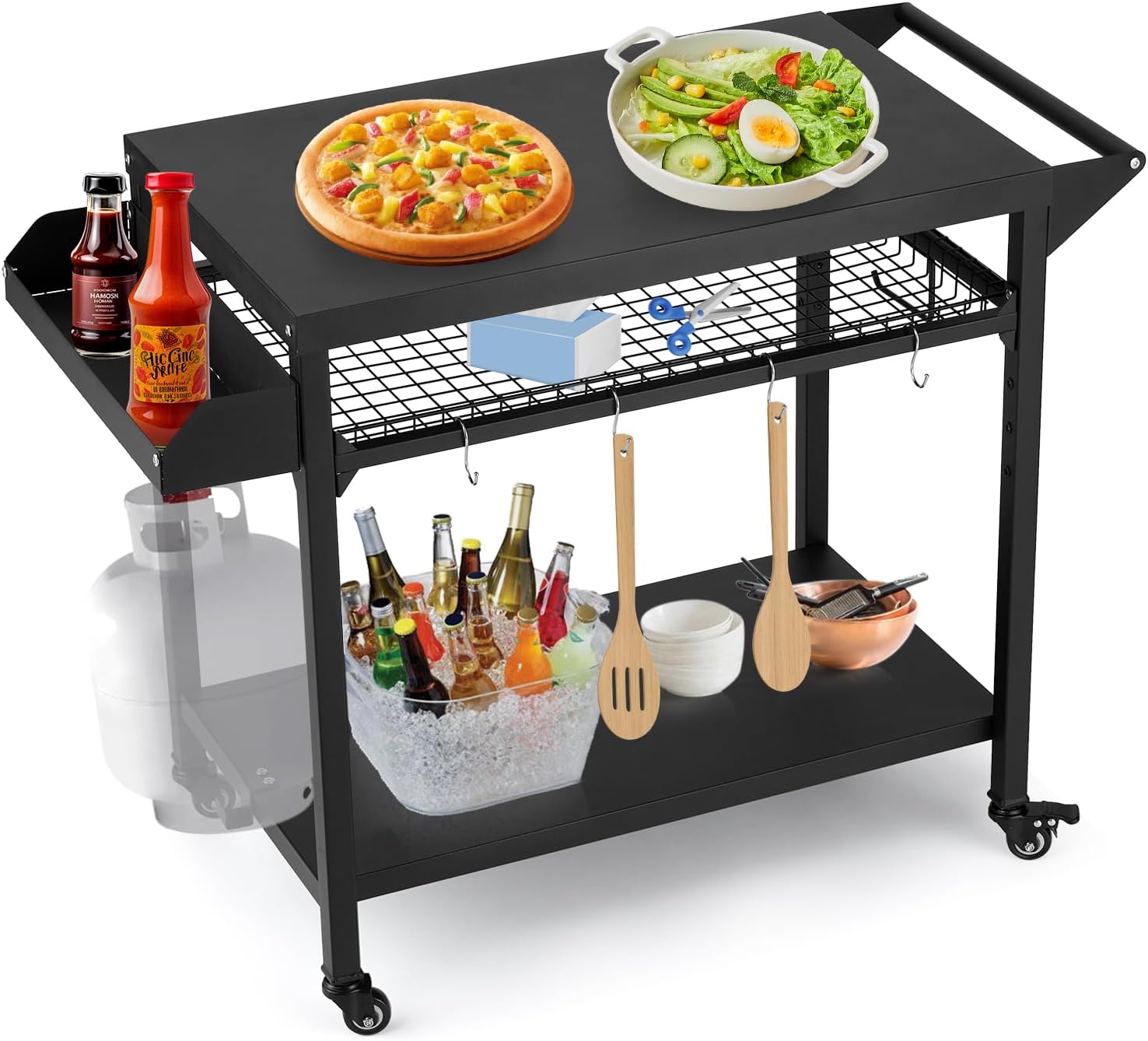 Outdoor Grill Cart, Pizza Oven Stand Table with Mesh Racks Dining Cart Table for Outside Patio