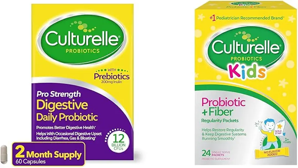 Culturelle Pro Strength Daily Probiotic Capsules, 60 Count & Kids Probiotic + Fiber Packets, 24 Count - Kansas Nuitrition - HNZSDS
