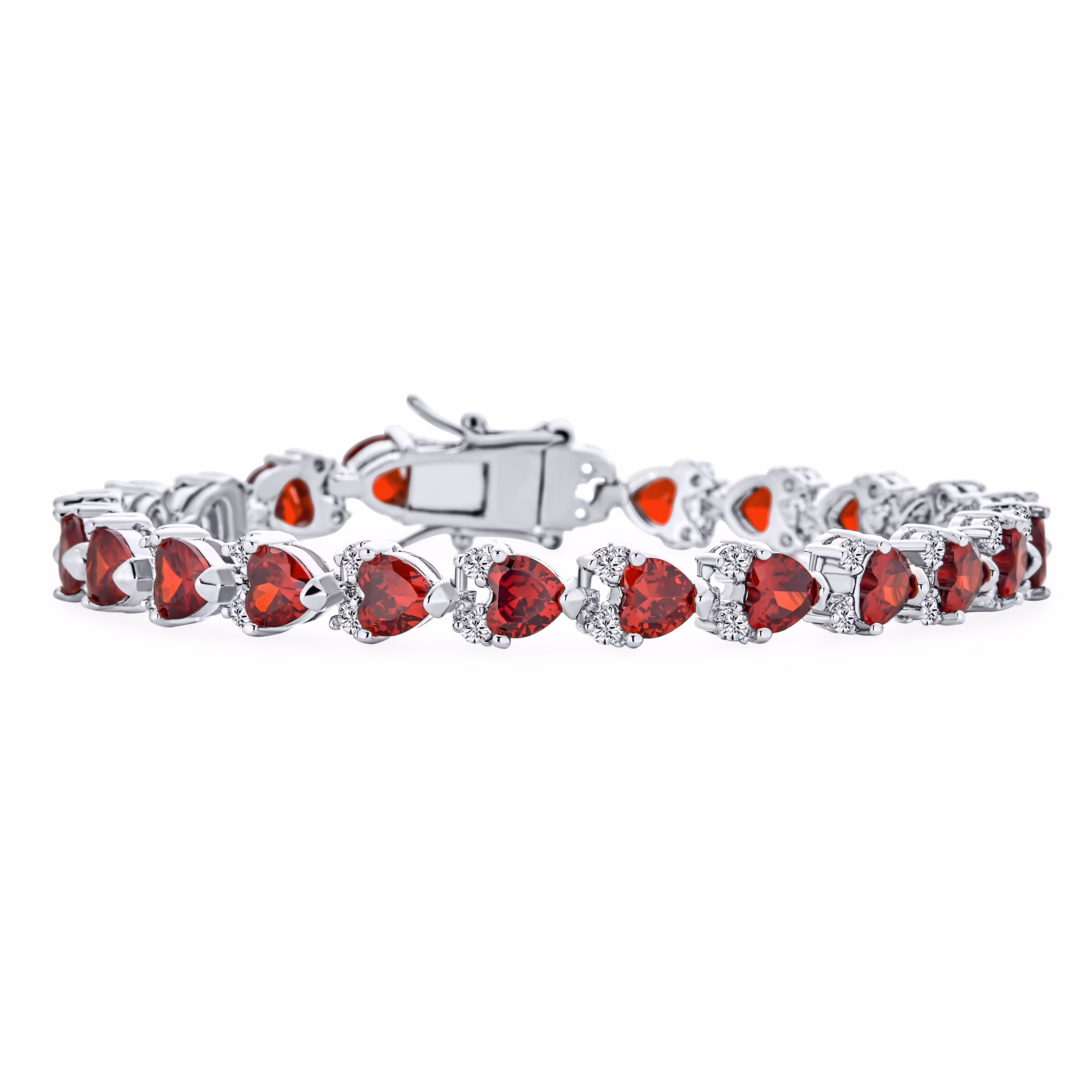 Bling Jewelry Cubic Zirconia RED Heart Shaped Tennis Bracelet Silver Plated 7.5 Inch