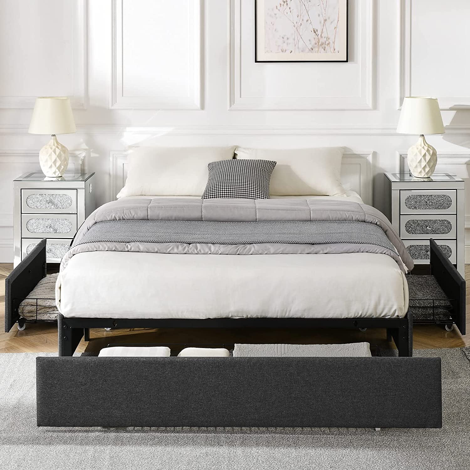 Alohappy Full Size Upholstered Platform Bed Frame with 3 Storage Drawers  No Fixed Headboard Storage Bed Design  Mattress Foundation with Wooden