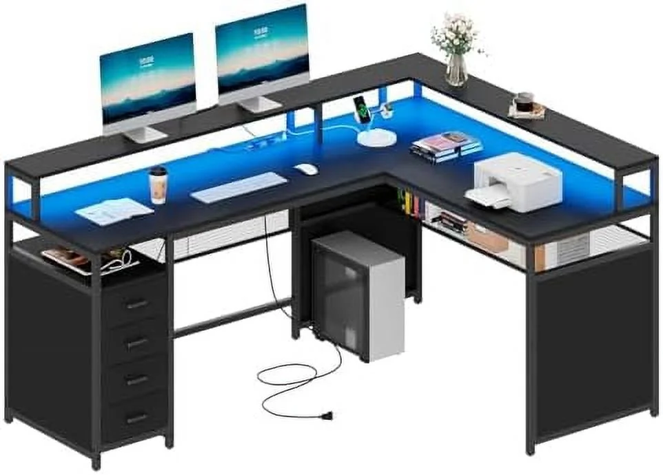 ZFGSUIJN L Shaped Desk with LED Lights &amp; Power Outlets  Reversible Home Office Desk with Drawers &amp