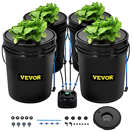 VEVOR RDWC Hydroponics Grow System, Hydroponic Growing Kit with Top Drip, Recirculating Deep Water Culture 4 Buckles and 1 Reservoir