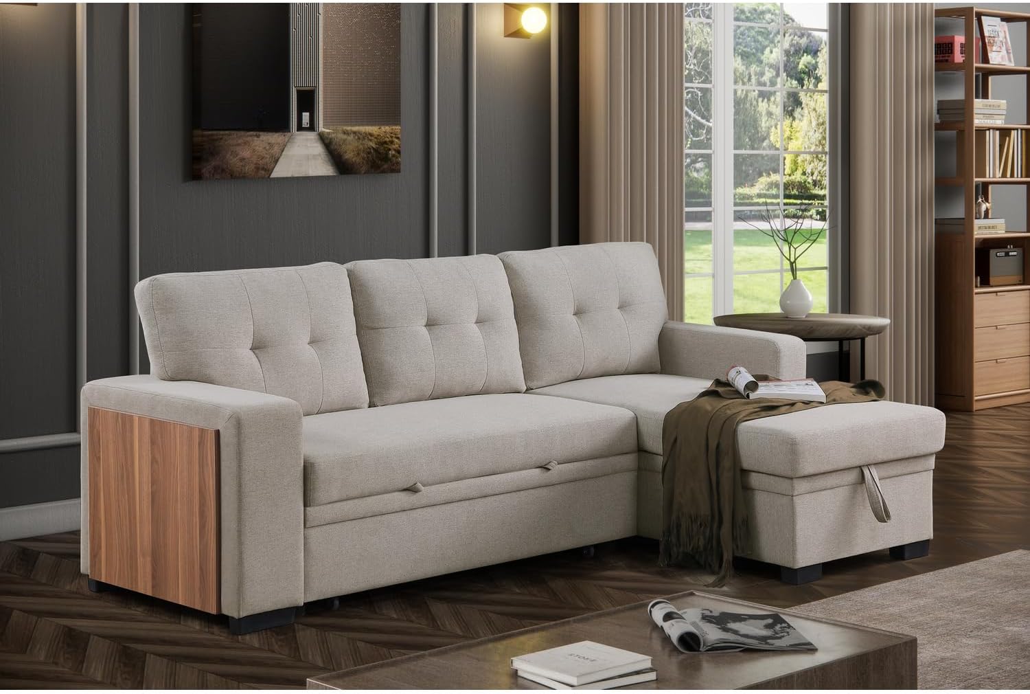 Devion Furniture 92" W Modern L-Shaped Polyester Fabric Upholstered Reversible Side Compartment Sleeper Sectional Sofa Bed with Chaise in Light Gray