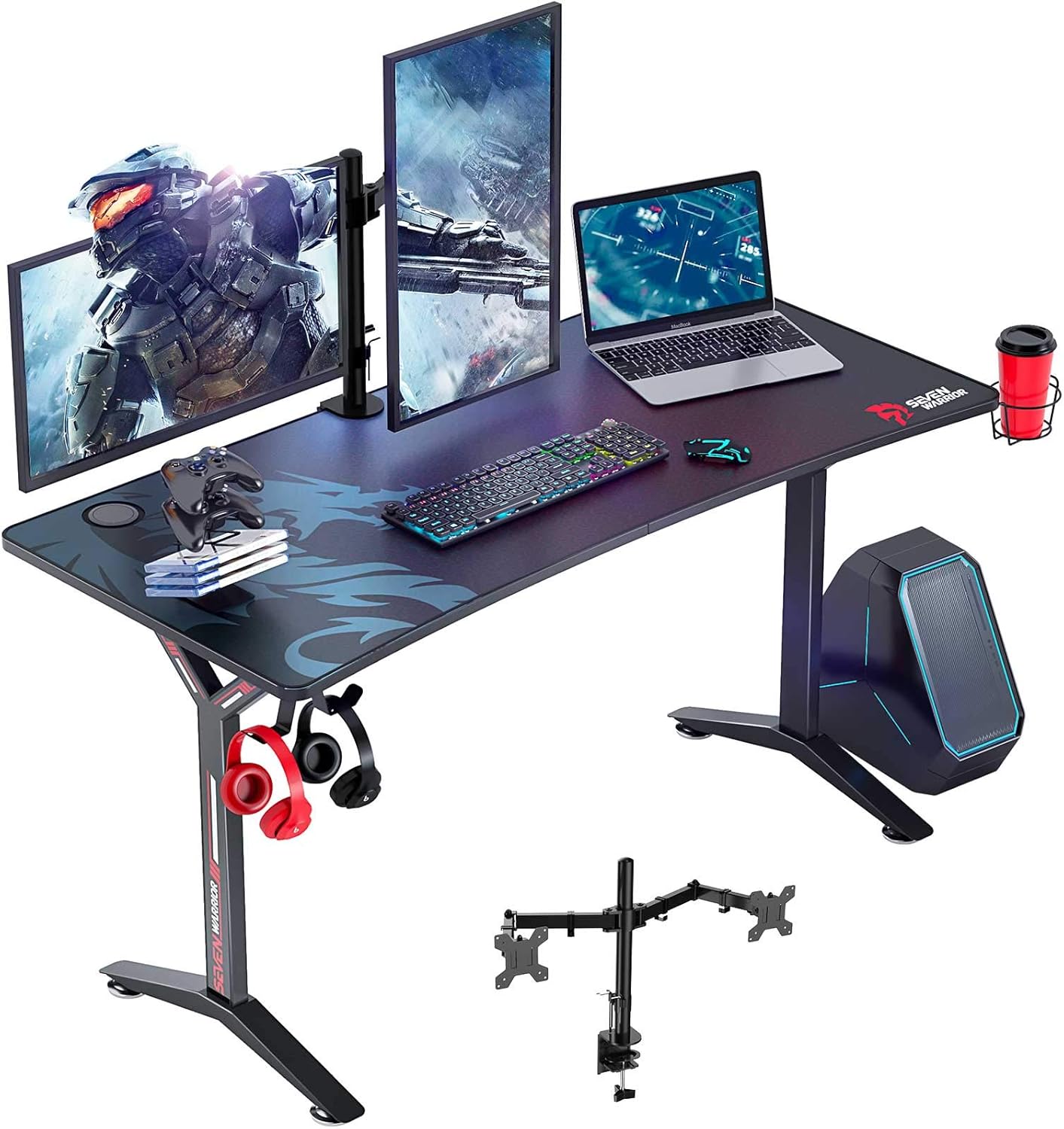 Seven Warrior Gaming Desk 55INCH with Dual Monitor Mount, Carbon Fiber Surface Computer Gamer Desk with Full Desk Mouse Pad