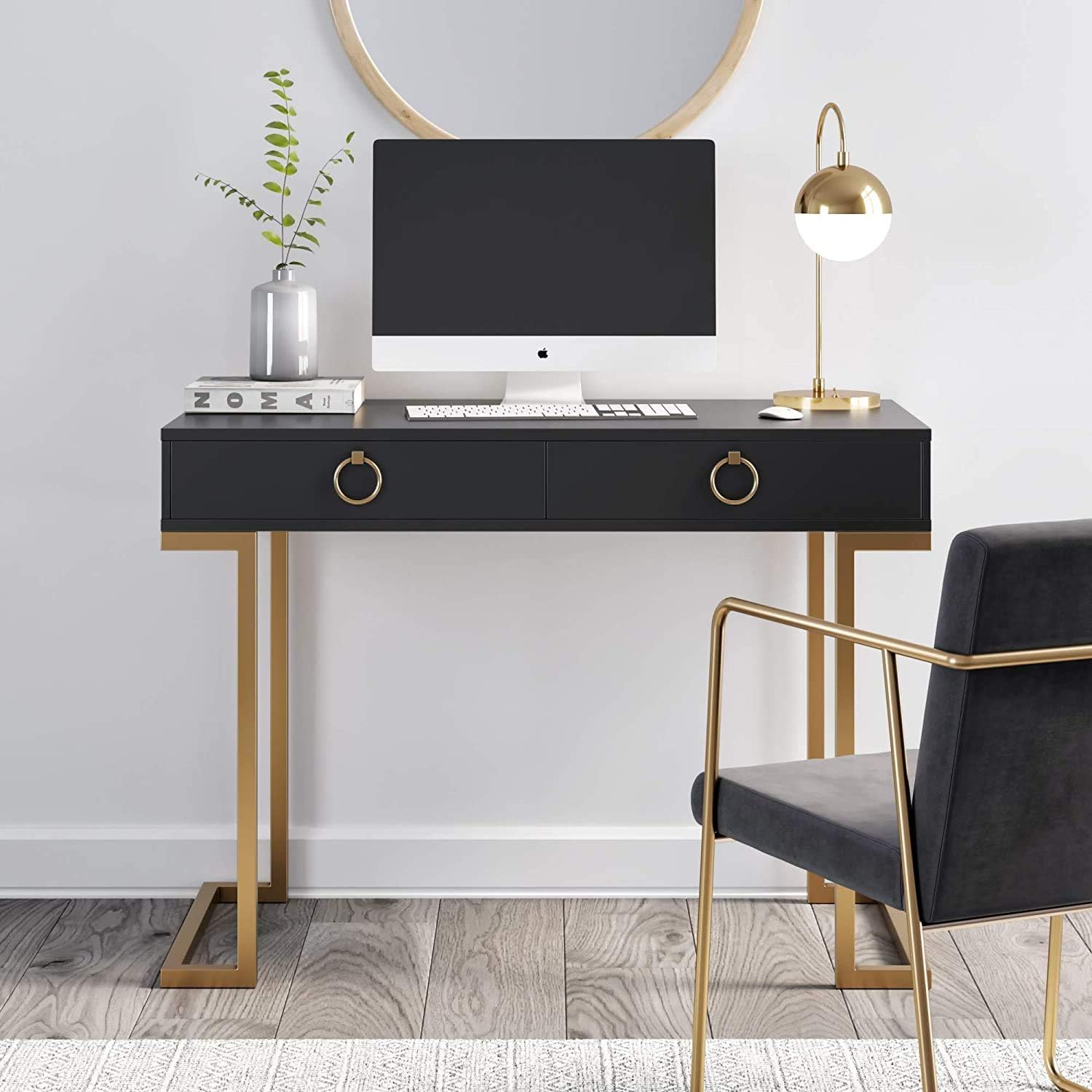 Nathan James Leighton Two-Drawer Writing Glam Accents Brass, 2, White/Gold & Theo 5-Shelf Modern Bookcase