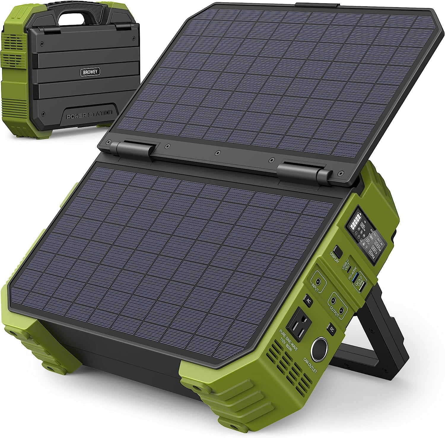 BROWEY 614.4Wh Portable Power Station with 30W Solar Panel, 600W AC Outlet, Backup Lithium Battery, Solar Generator for Outdoor Camping, RV Travel