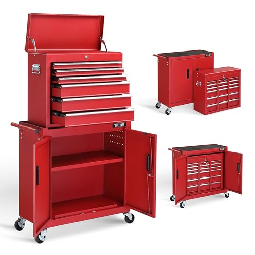 TUFFIOM 5-Drawer Rolling Tool Chest Storage Cabinet w/Drawers, Wheels, Detachable Top & Adjustable Shelf, Mechanic Tool Organizer Box for Garage