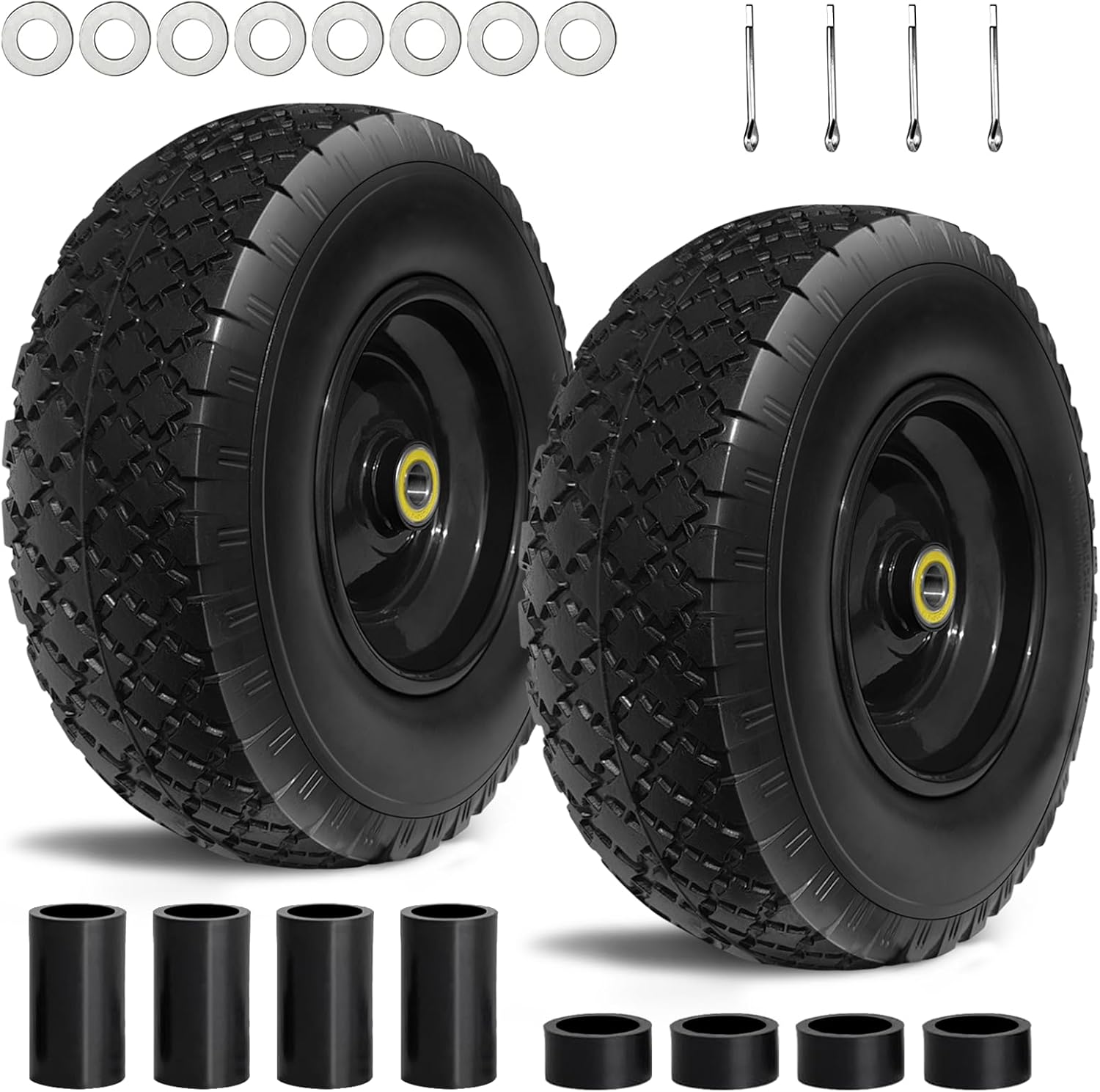 13” Tire and Wheel Flat Free, Replacement Solid Tire and Wheel Assemblies with 5/8” Axle Bore Hole and Double Sealed Bearings