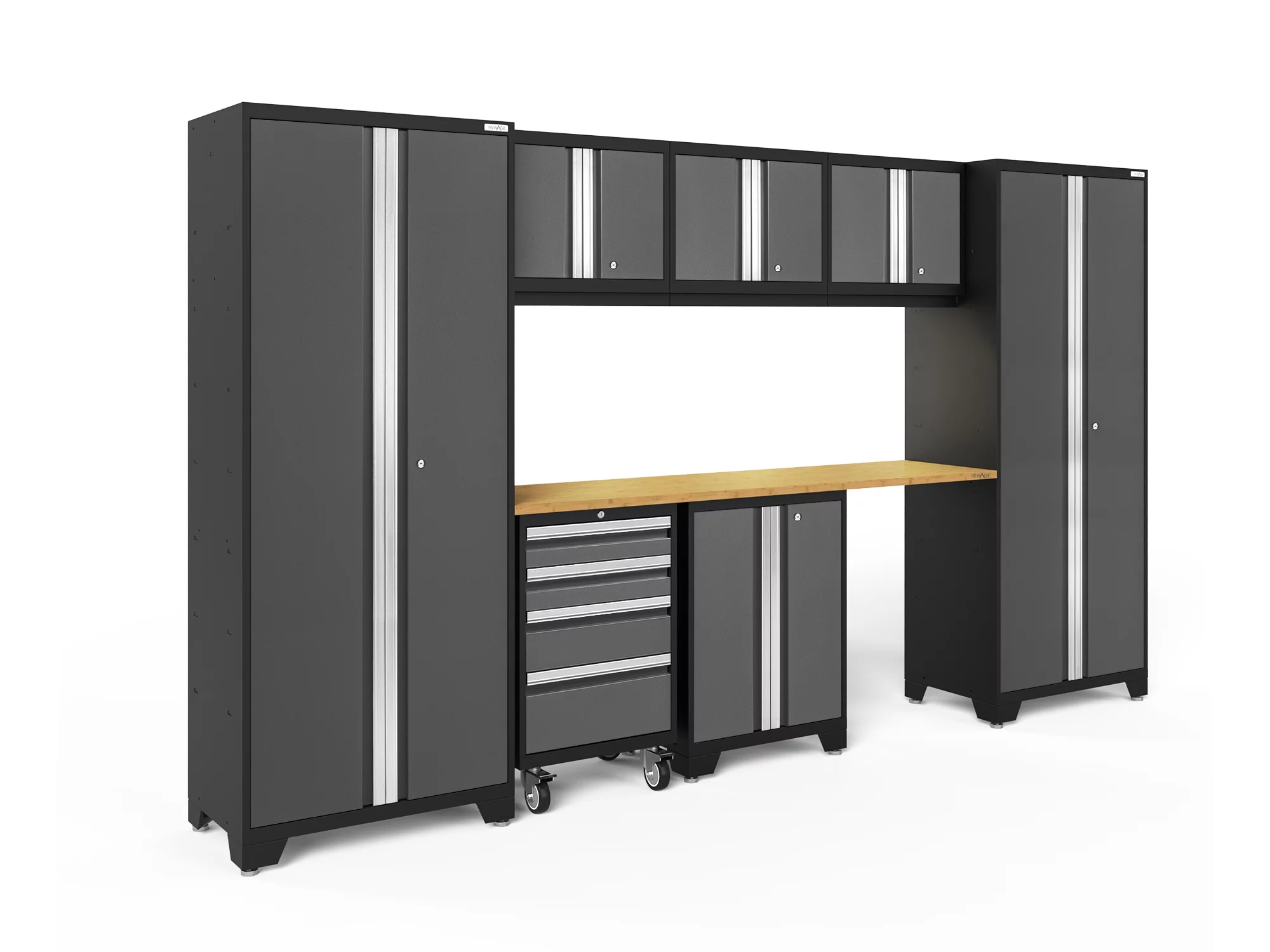 NewAge Products Bold Series Gray 8 Piece Cabinet Set, Heavy Duty 24-Gauge Steel Garage Storage System, LED Lights Included - Curated Treasures Market