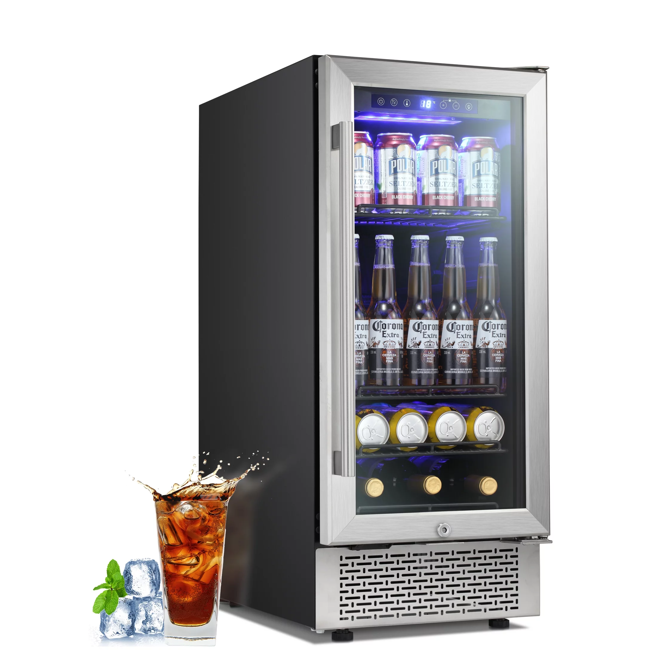 Auseo 15 inch Beverage Refrigerator, Built-in Wine Cooler, Mini Beverage Fridge, Clear Glass Door, Digital Memory Temperature Control