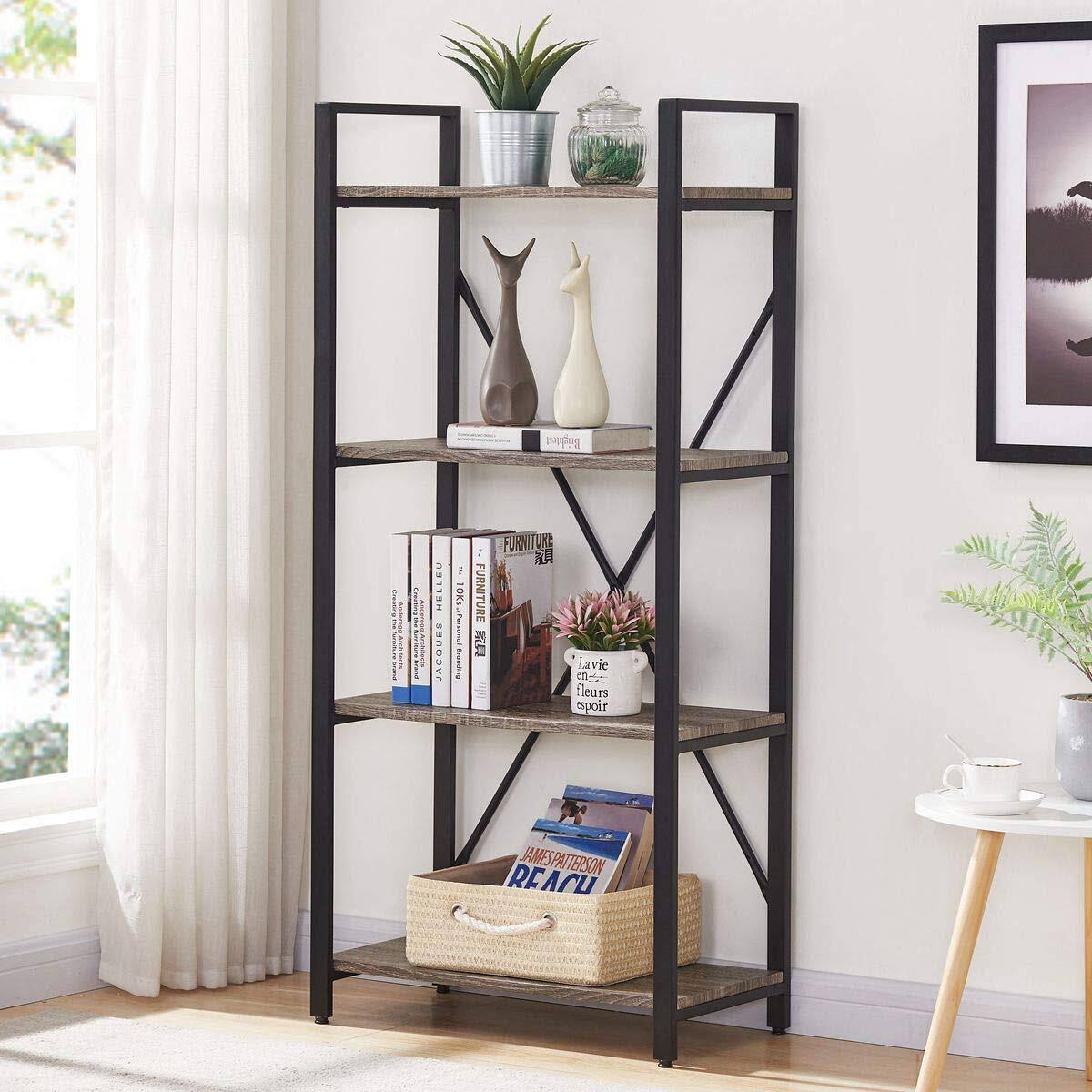 Bon Augure 4-Shelf Open Narrow Bookshelf, Vintage Industrial Bookcase, Rustic Wood and Metal Shelf, Dark Oak