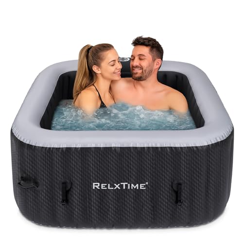 Inflatable Hot Tub 2-3 Person 110 Air Jets, Portable Blow Up Hottub with Cover, Built in Heater Pump, Square Outdoor Spa, Cup Holder, 2 Filters, Black