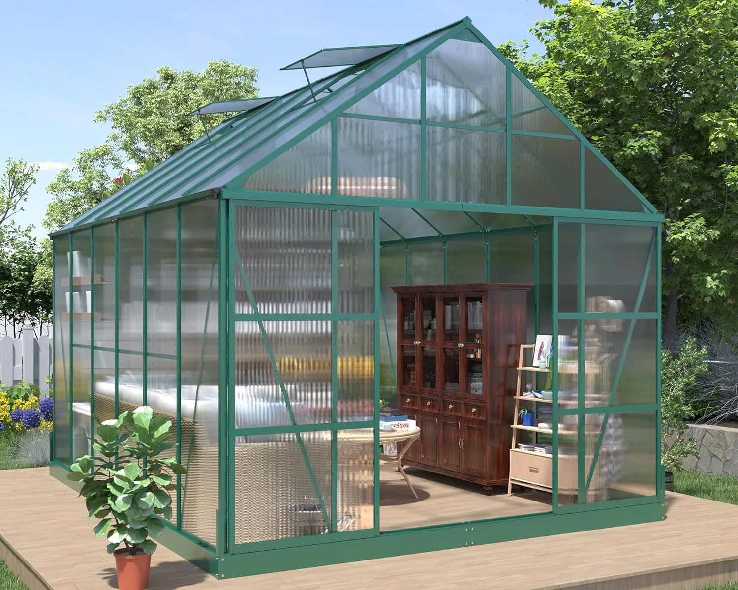 Papajet 12x10x10 ft Polycarbonate Greenhouse with 2 Sliding Doors 4 Vents Window Large Greenhouse, Green - Radiant Selections