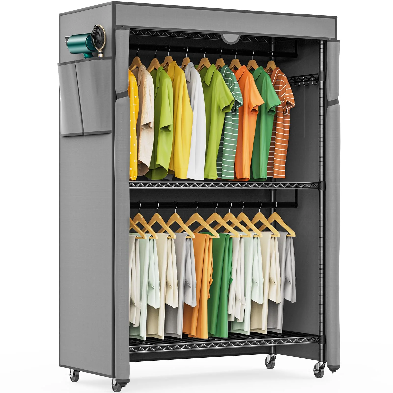 LEHOM G1C Heavy Duty Covered Clothes Rack, Garment Rack for Hanging Clothes with Shelves, Freestanding Clothing Rack with Grey Oxford Fabric Cover