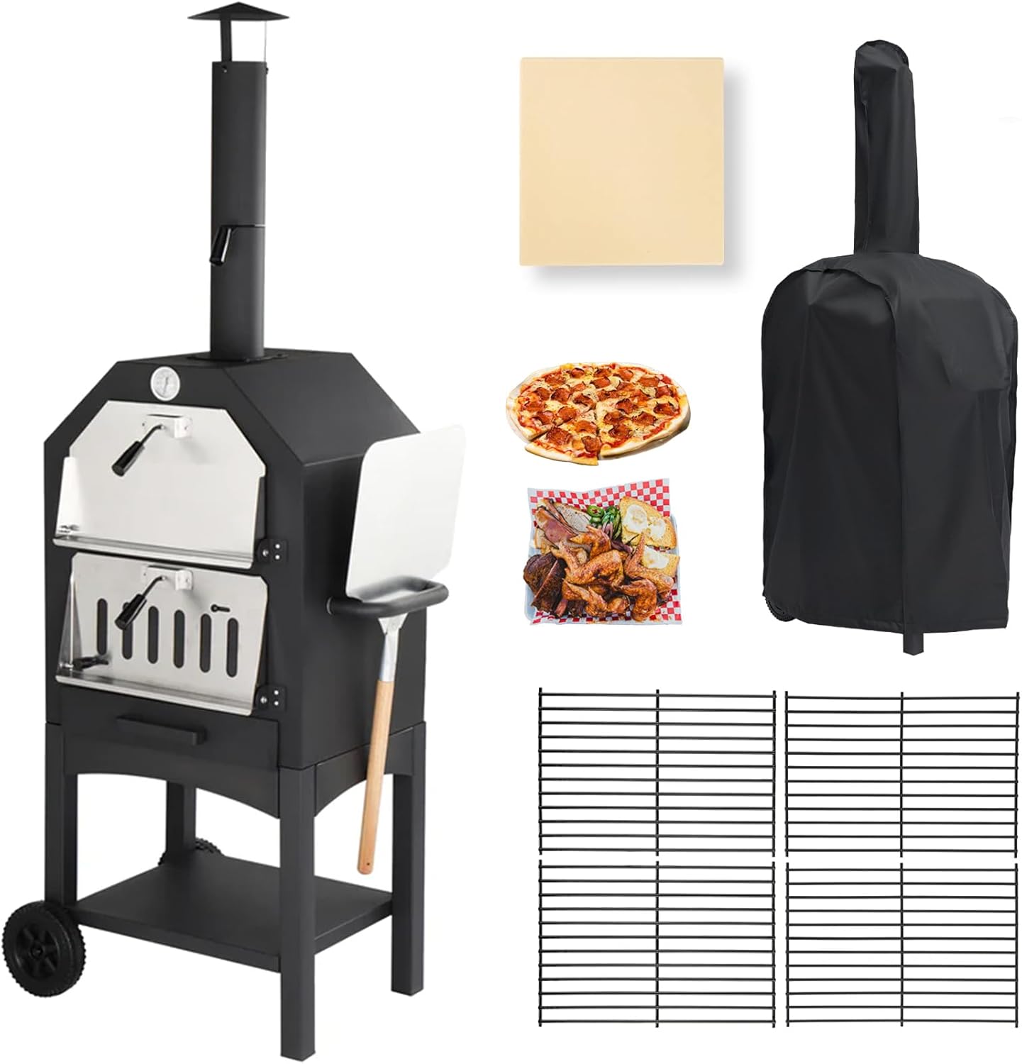 Outdoor Pizza Oven, Wood-Fired Pizza Oven Portable Pizza Maker with Pizza Stone, Peel, Grill Rack, and Waterproof Cover for Backyard and Camping