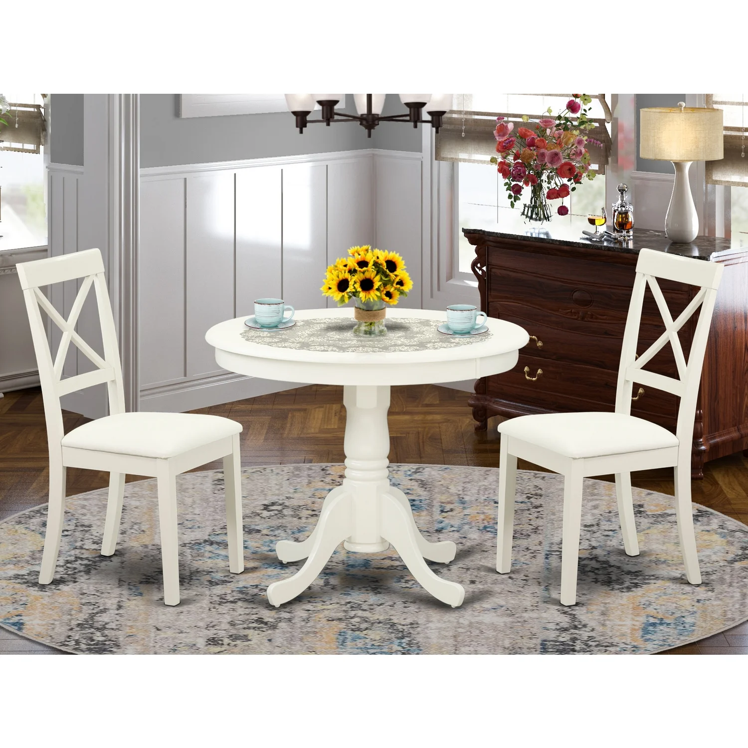 East West Furniture Antique 3 Piece Wood Faux Leather Dining Set in Linen White