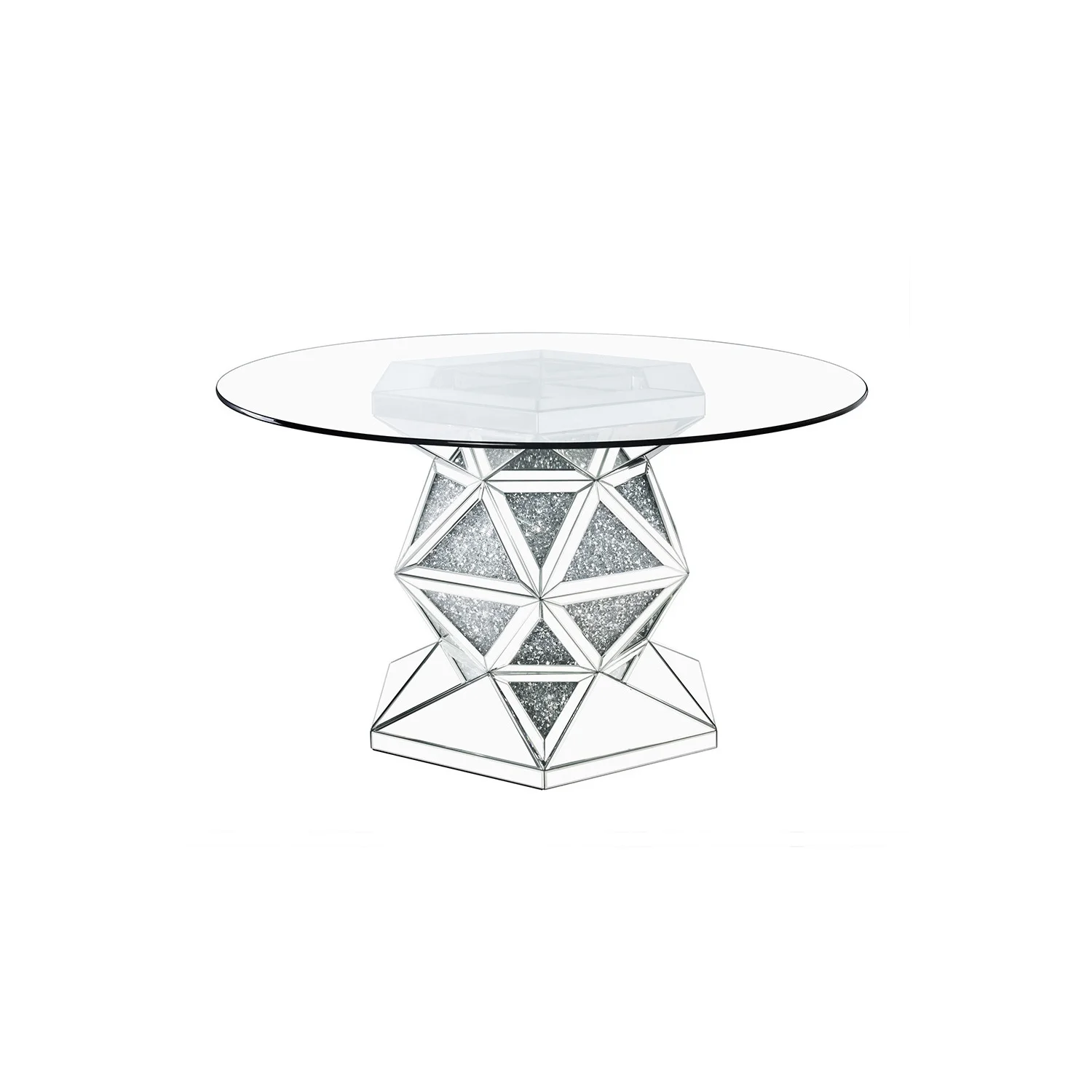 ACME Noralie Round Glass Top Dining Table in Mirrored and Faux Diamonds