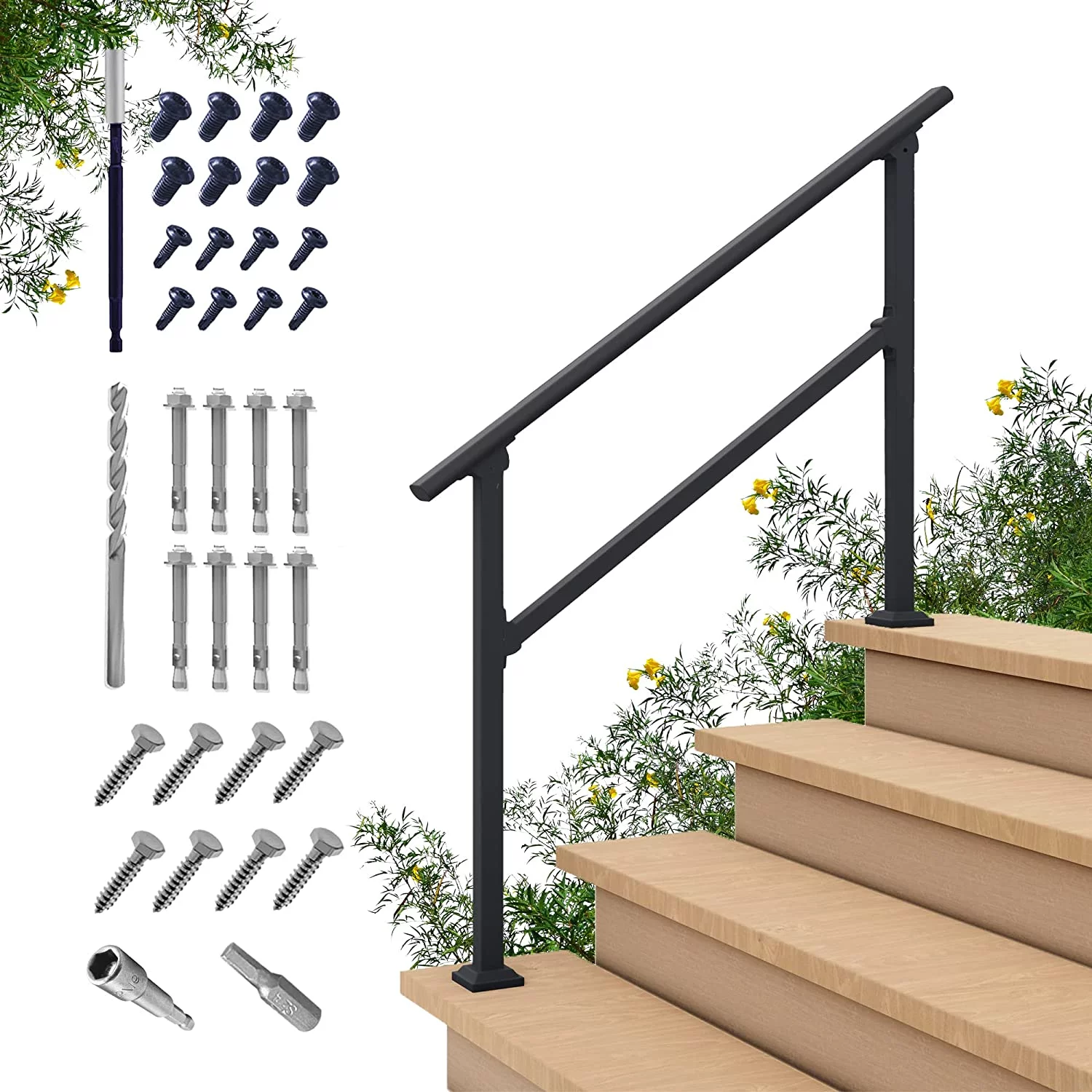 CHR 4 Steps Outdoor Handrails for Outdoor Steps, Black Wrought Iron Hand Rail Stair Railing Kit (3-4 Steps Handrail) - Curated Treasures Market