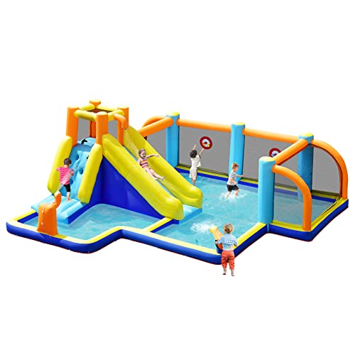 GLACER Inflatable Water Slide, 8-in-1 Blow Up Waterslide with Soccer Zone, Climbing Wall, 2 Water Cannons and Target Game