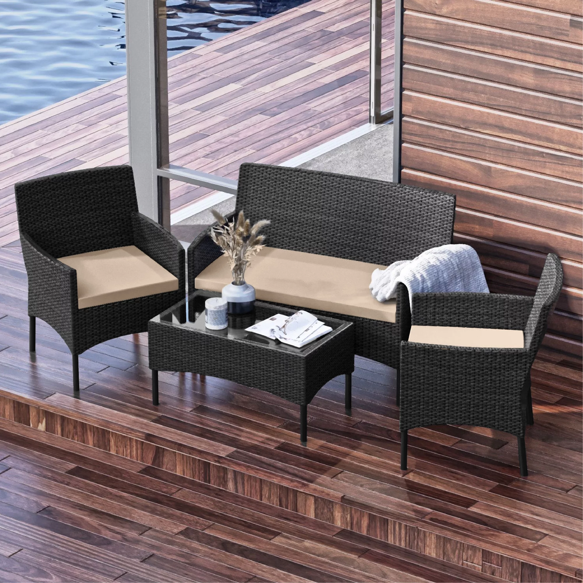 Nestl 4-Piece Outdoor Patio Furniture Set, Wicker Patio Conversation Set, Black/Beige