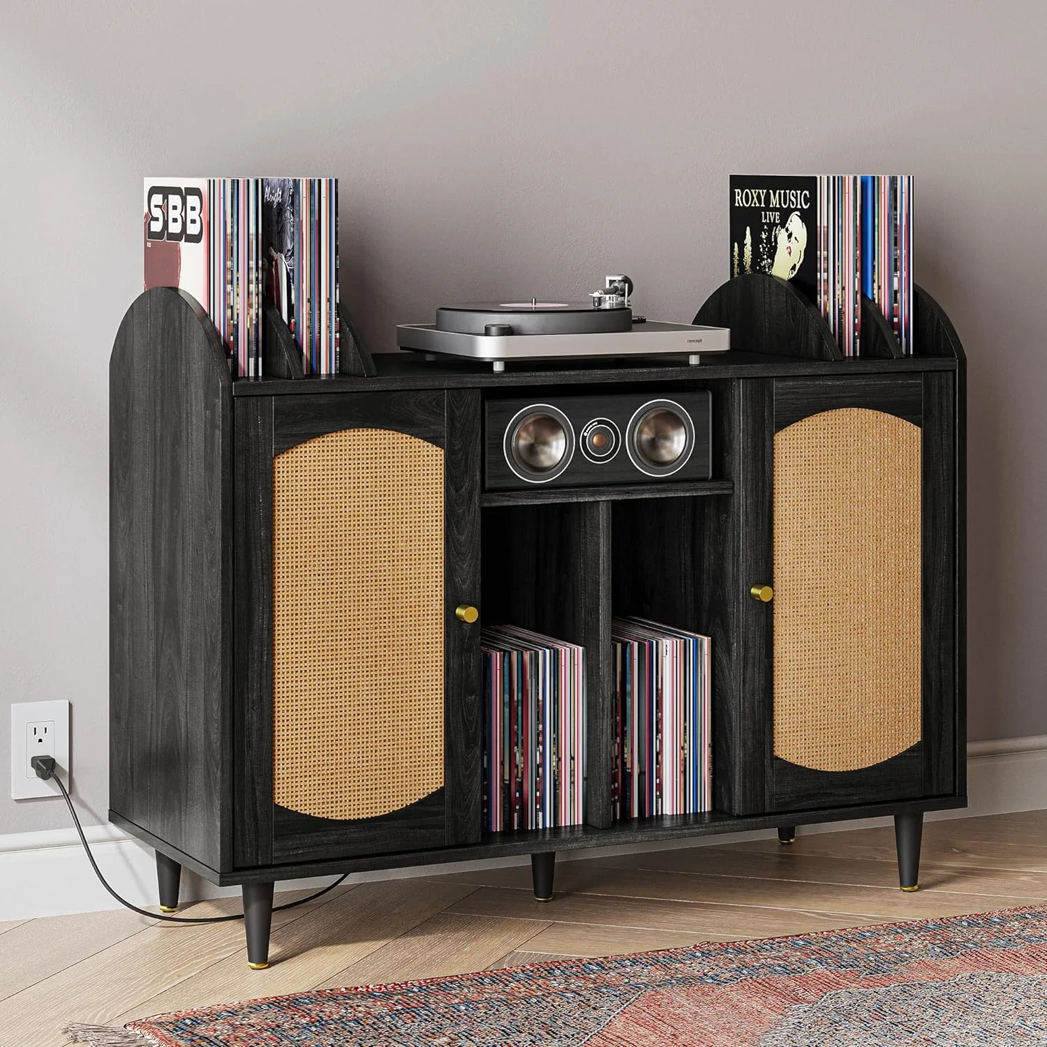 LNboomLife Mid-Century Record Player Stand  Vinyl Record  Cabinet Holds up to 350+ Albums  Rattern Decorated Turntable Stand with Power Outlet for