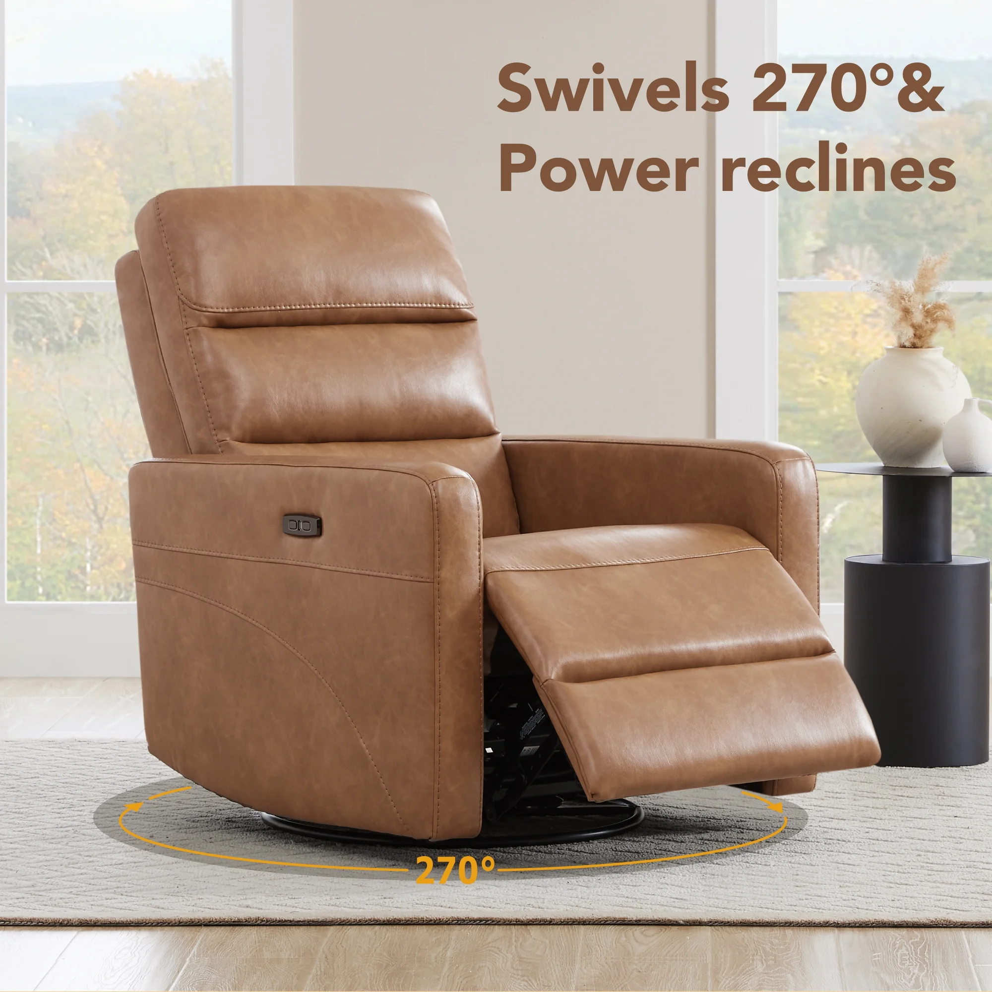 CHITA Swivel Power Recliner, Glider Rocking Chair with Headrest USB Charging for Living Room Nursery, Faux Leather in Saddle Brown