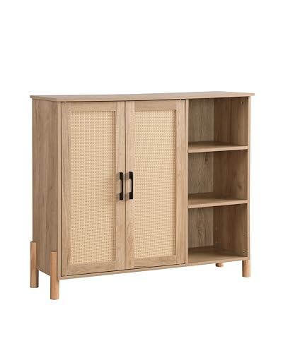 Storage Cabinet, Bathroom Cabinet with Rattan Doors, Bathroom Floor Cabinet with Open Storage & Adjustable Shelf, Coffee Bar