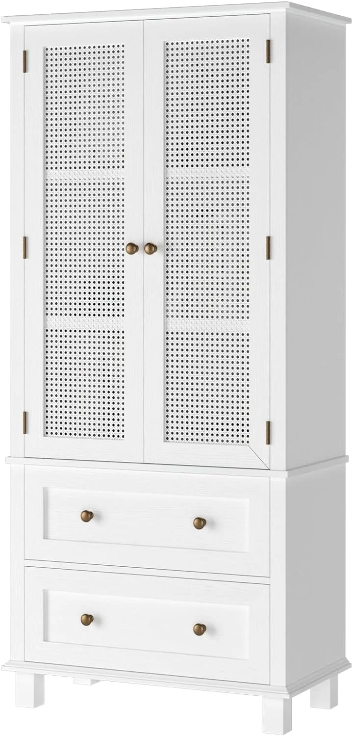 Kitchen Pantry Storage Cabinet, Tall Cabinet with Rattan Doors and 2 Drawers, Freestanding Cupboard with Adjustable Shelves