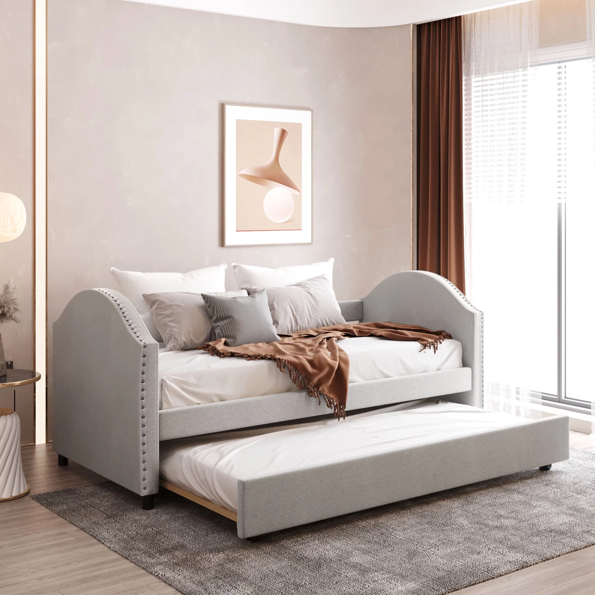 Beige Twin Size Upholstered Daybed with Twin Size Trundle, Wood Slat Support