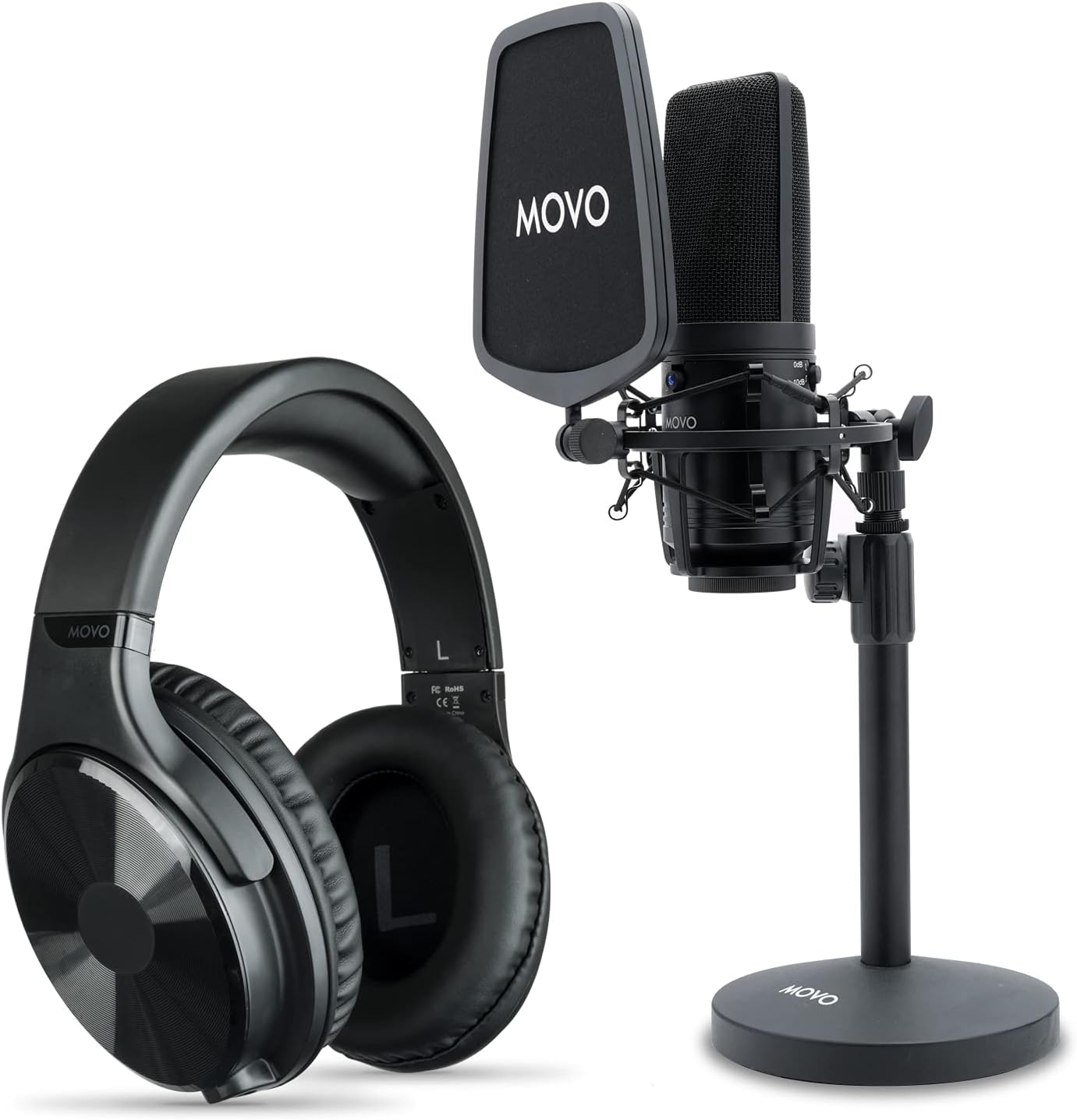 Movo Podcast Equipment Bundle with XLR Wired Microphone, 3.5mm/6.35mm Studio Headphones, and Desktop Mic Stand with Pop Filter