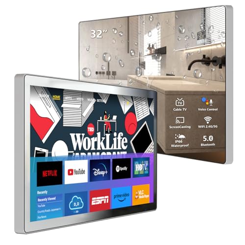 32 inch IP66 Waterproof Android 13 Smart Mirror TV for Bathroom and Bedroom - 4K UHD, Digital Mirror Built-in Voice Assistant, ATSC Tuner, Bluetooth