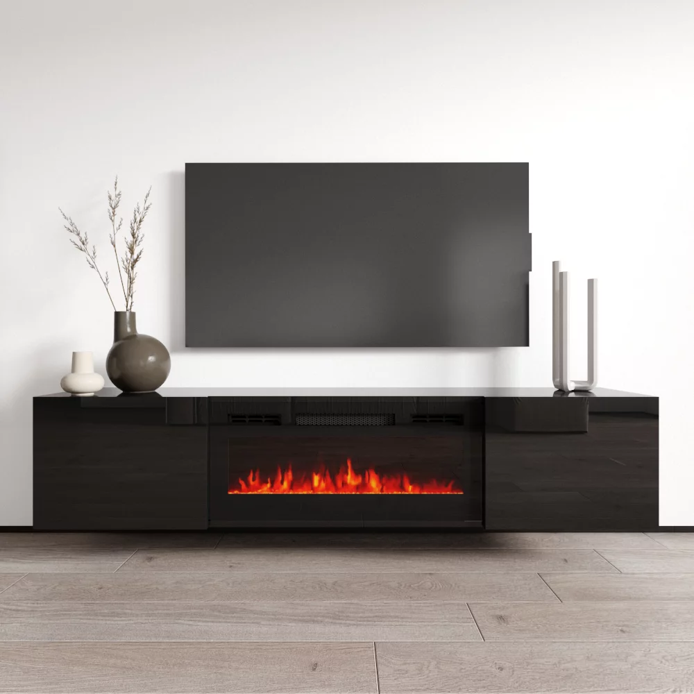 Cali BL-EF Floating Fireplace TV Stand for TVs up to 80", Modern High Gloss 72" Entertainment Center