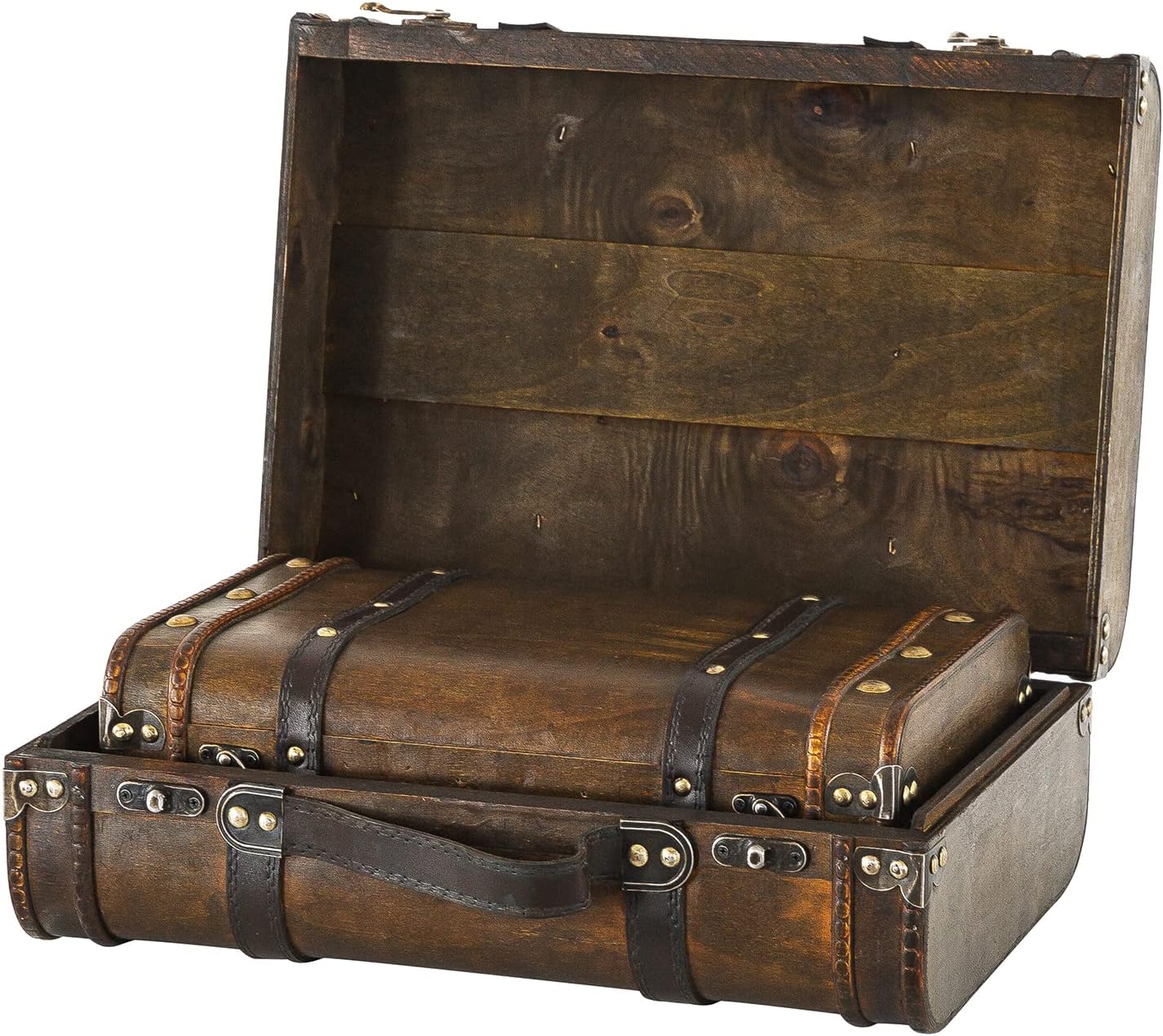 Soul & Lane Globetrotter Wooden Trunk Suitcases with Handle - Set of 2 | Vintage Wood Storage Chest Set