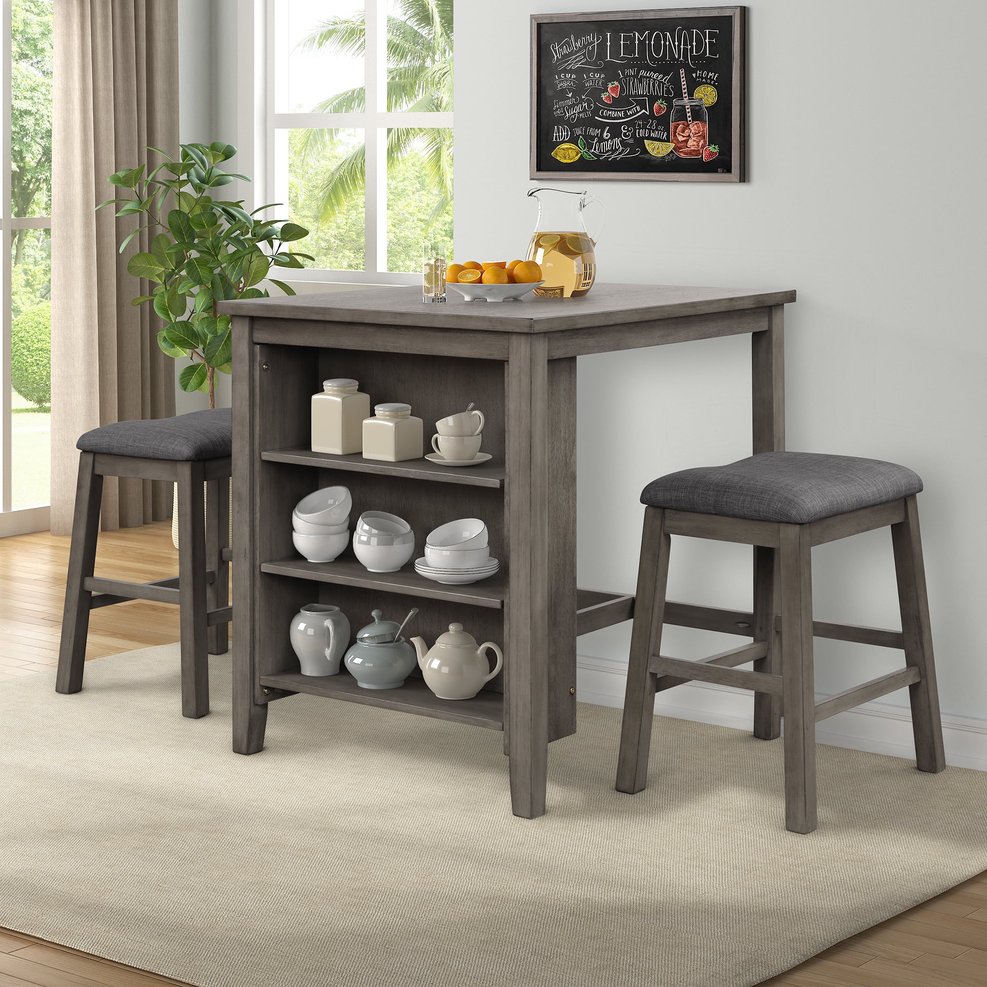 Churanty 3 Piece Wood Dining Table Set for 2,Kitchen Table with Storage Shelf and 2 Padded Counter Height Dining Chairs for Small Place, Gray