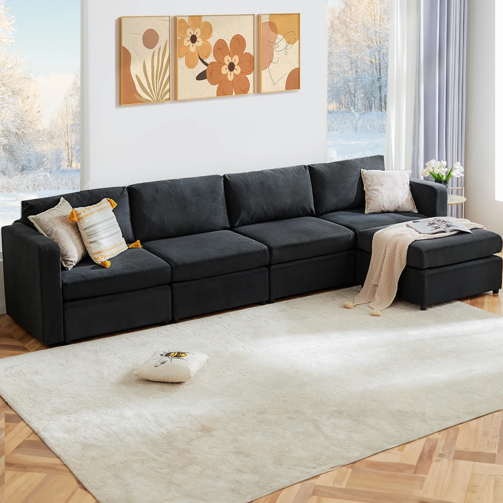 CONCETTA Convertible Modular Sectional Sofa, 5 Seat L Shaped Modern Sofa Couch Bed, Dark Grey - Radiant Selections