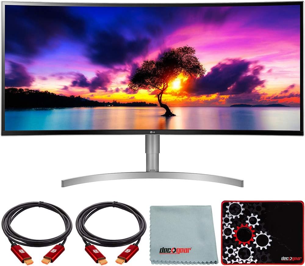 LG 38WK95C-W 38 Inch Class 21:9 Curved UltraWide WQHD+ Monitor with HDR 10 2018 Bundle with Deco Gear HDMI Cable 2 Pack + Gamer Surface Mousepad +
