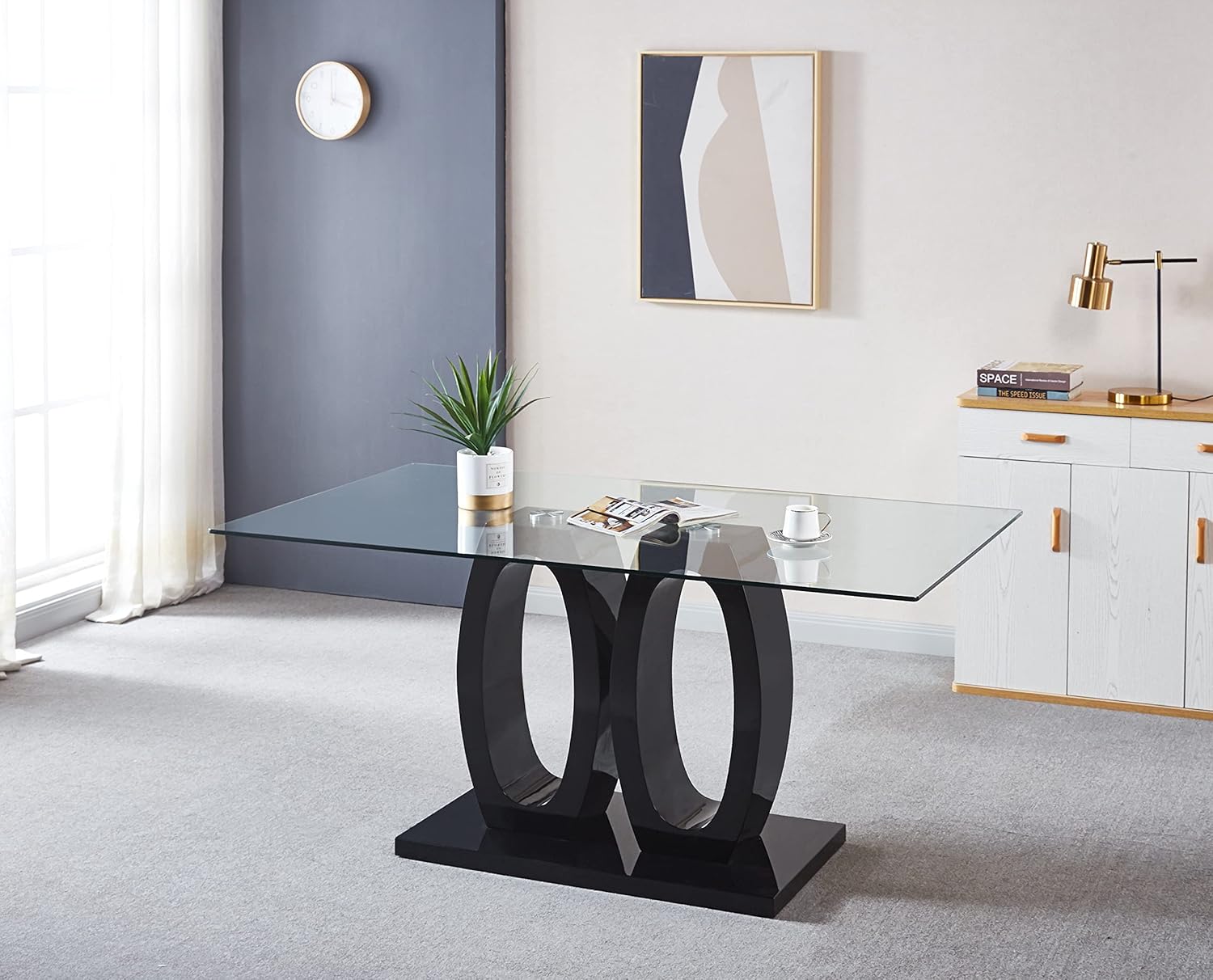 Rectangular Tempered Glass Dining Table with Double O-Shape Pedestal