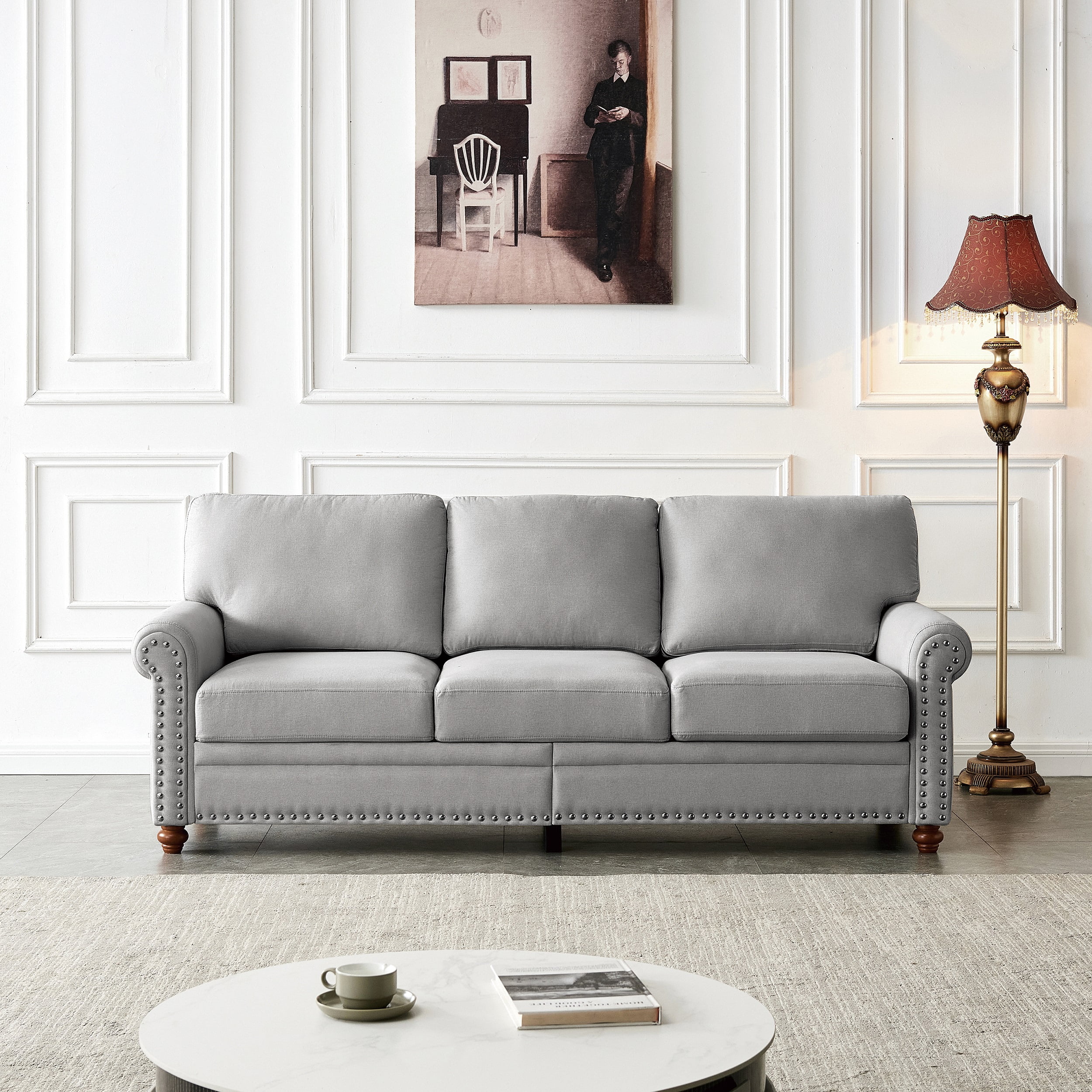 Momspeace 3 Seater Sofa Couch Upholstered Convertible Chaise Sleeper Sofa Chair Linen Fabric&nbsp;Comfy Couch for Living Room - Gray
