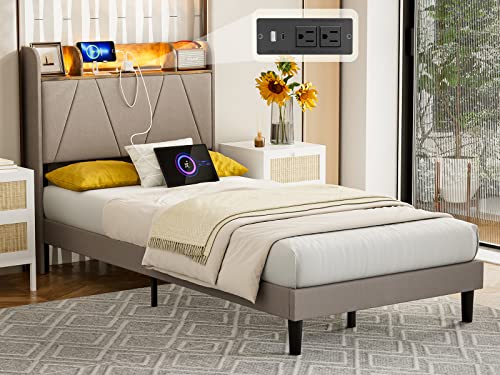 IKIFLY King Bed Frame with Charging Station & Storage Shelf Headboard