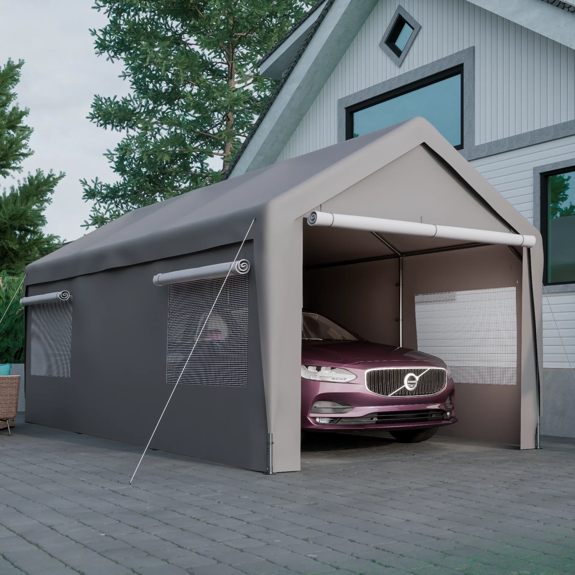 LZBEITEM 10 x 20 ft. Heavy Duty Steel Outdoor Carport Storage Boat Shed Canopy Garage Car Shelter Portable Party Tent Adjustable Height with Window