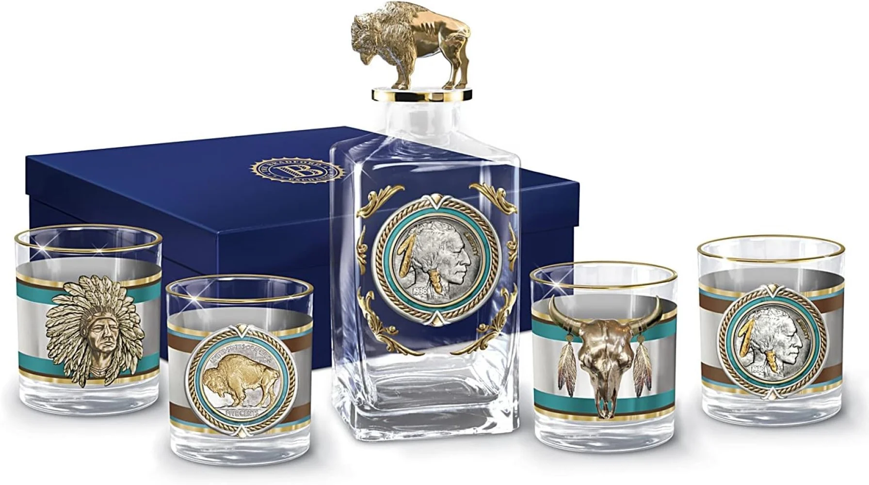 The Bradford Exchange Pride of The West Decanter and Glass Set American Western Buffalo Nickel Inspired Collection with 12K Gold Rims in Satin Gift