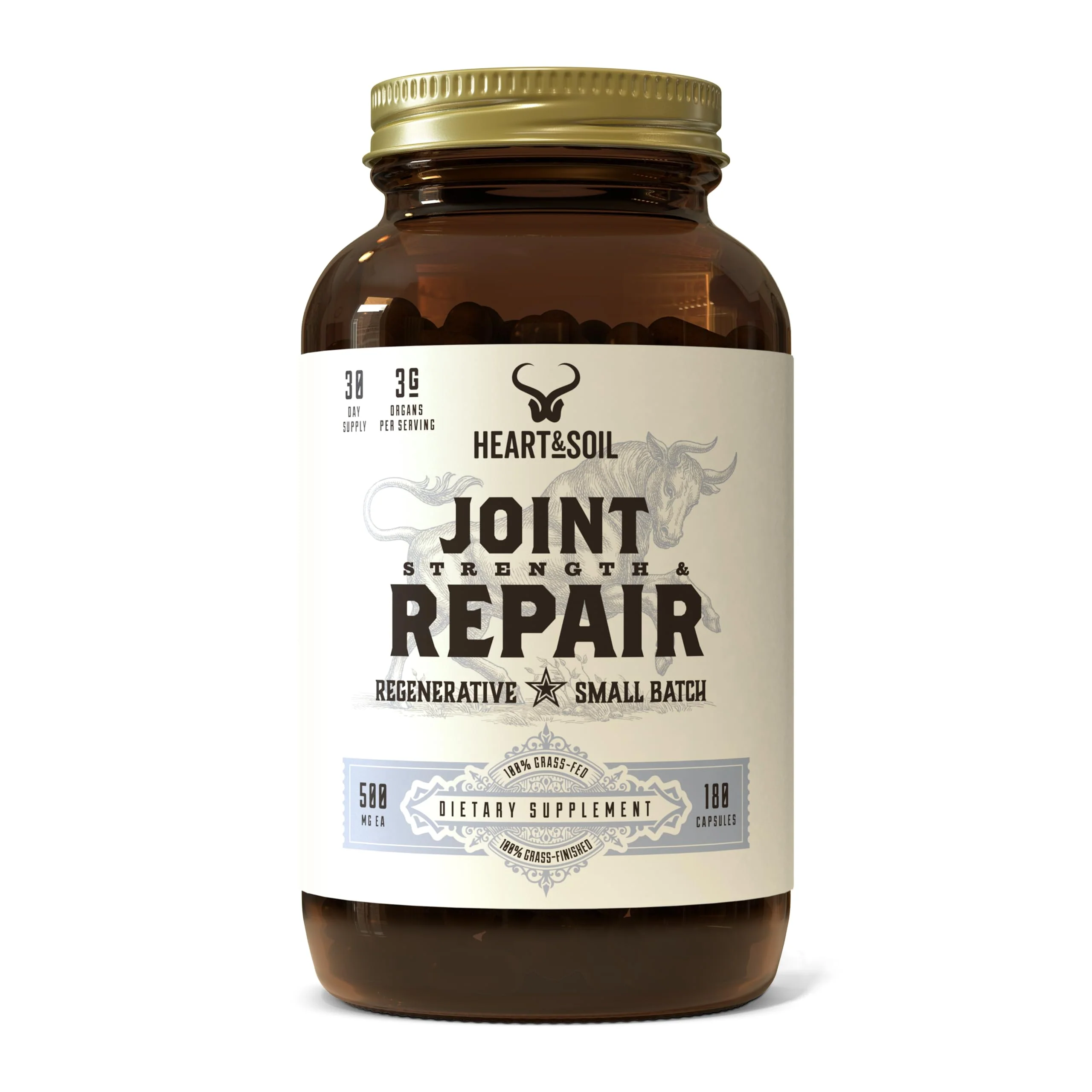 HEART & SOIL Grass Fed Joint Support Supplement (180 Capsules) - Bovine Tracheal Cartilage Immune Support Capsules