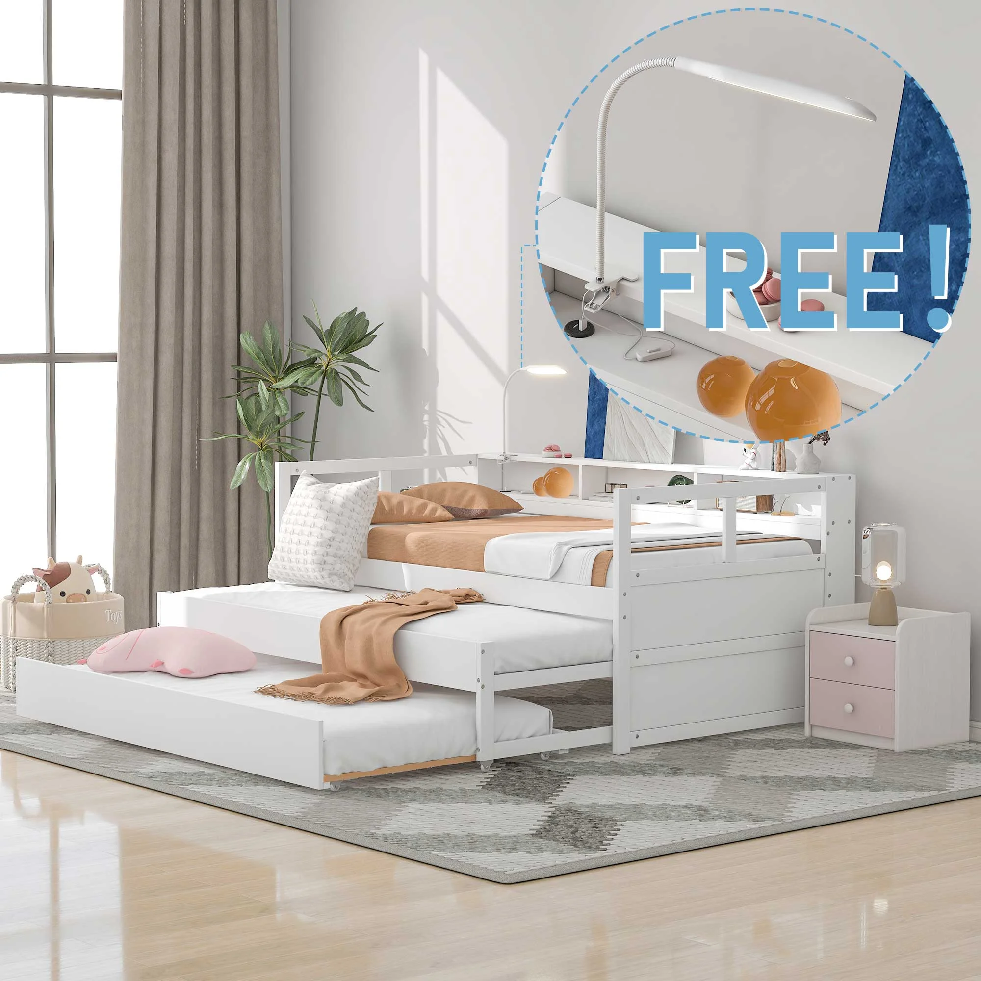 EUROCO Twin Platform Bed with Storage Shelf, Convertible Daybed with Night Light and USB Charging for Kids Teens Adults, 3 Beds in One, White